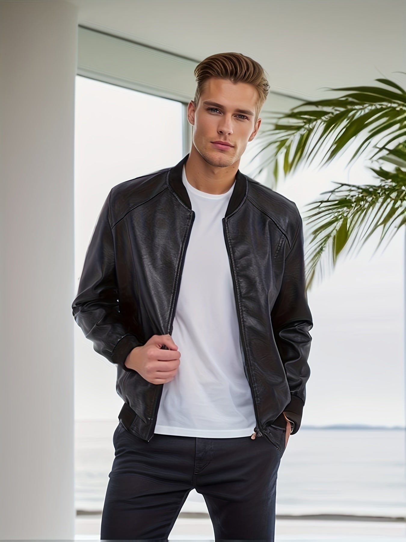 Men's Fleece Faux Leather Jacket - Zip Up Lapel - Fall/Winter