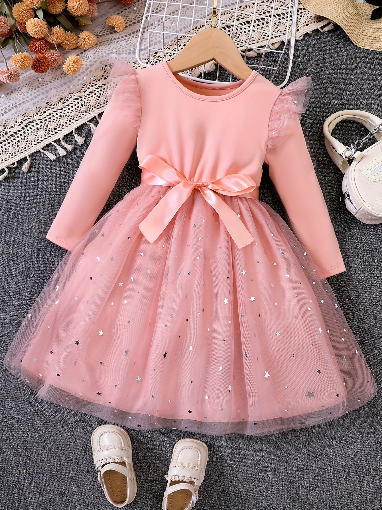 Girls Ruffled Sleeves Stars Mesh Princess Dress For Party