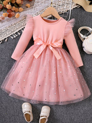 Girls Ruffled Sleeves Stars Mesh Princess Dress For Party
