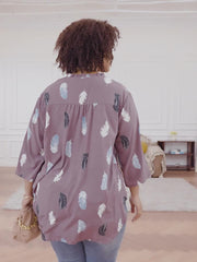  Casual Blouse Women's Plus Feather Print Long Sleeve
