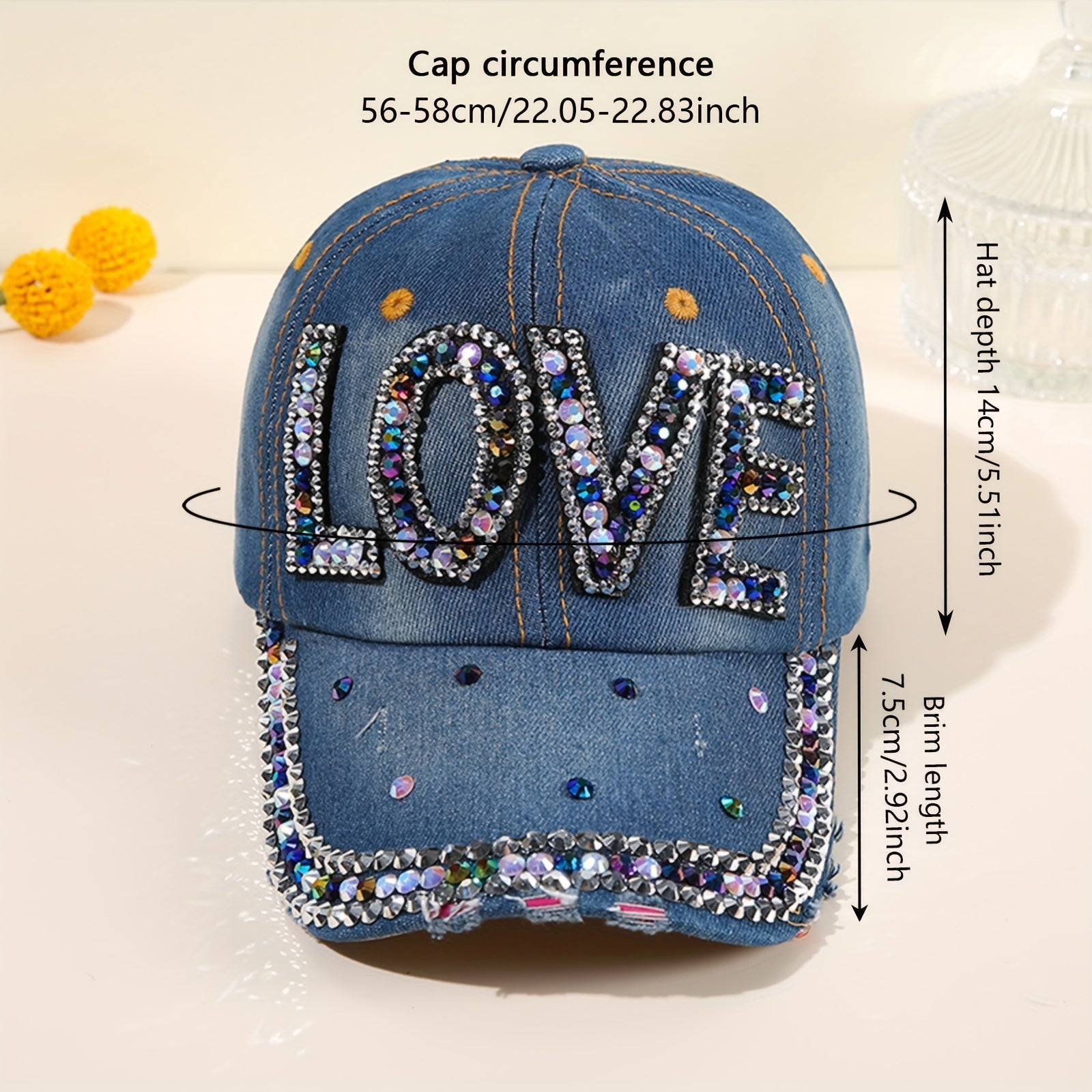 LOVE Rhinestone Patch Baseball Cap Y2K Washed Distressed Bling Dad Hats