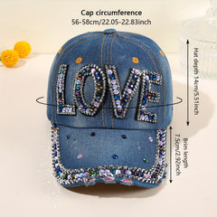 LOVE Rhinestone Patch Baseball Cap Y2K Washed Distressed Bling Dad Hats