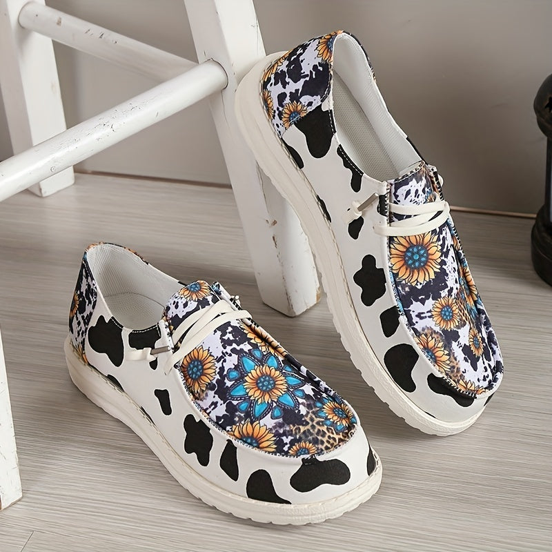 Women's Sunflower Canvas Shoes Round Toe Cow Print Loafers