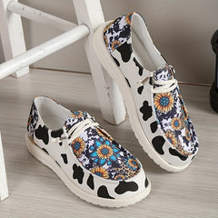 Women's Sunflower Canvas Shoes Round Toe Cow Print Loafers