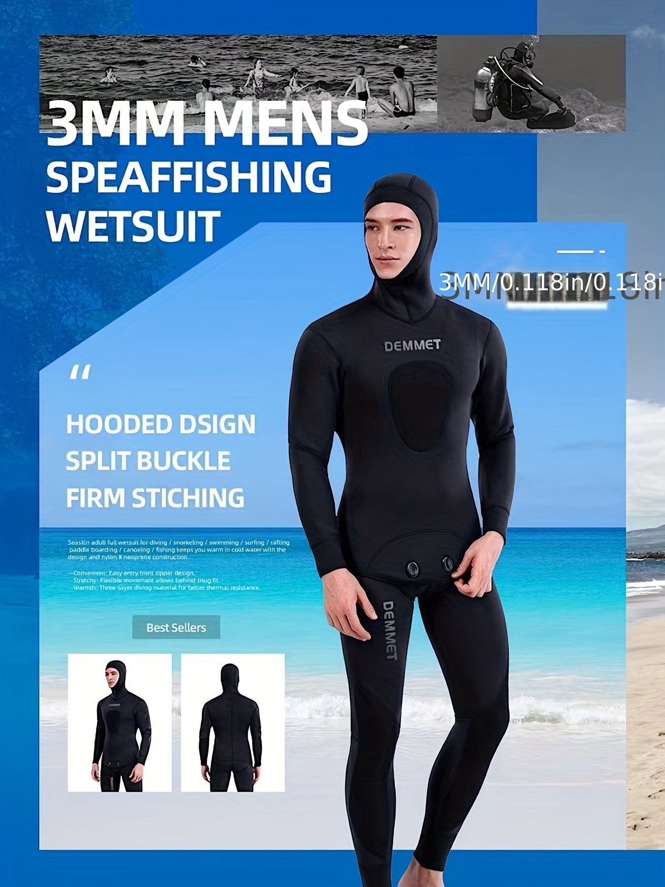 Men's Neoprene 3mm Hoodie Wetsuit Camo Mid Stretch Full Suit