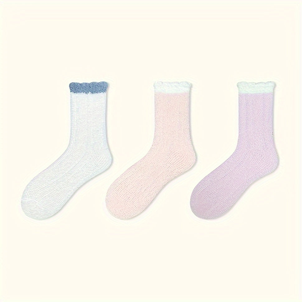 3-Pack Colorblock Fuzzy Socks Warm Mid Tube Stockings
