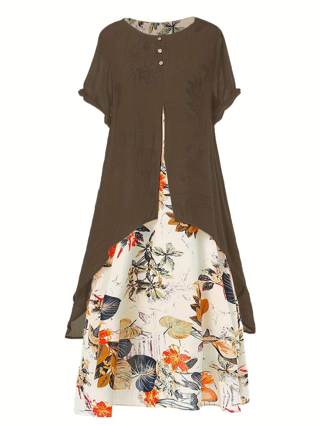 Asymmetrical Floral Print Dress Short Sleeve Crew Neck Casual Dress