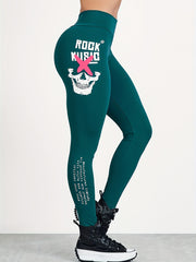  Gothic Leggings, Skull Print Wide Waistband Tummy Control Leggings