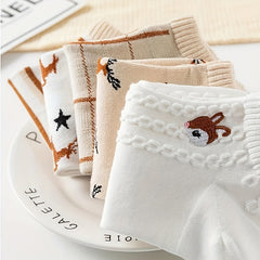 5 Pairs Harajuku Cartoon Deer Ankle Socks Women's Stockings & Hosiery