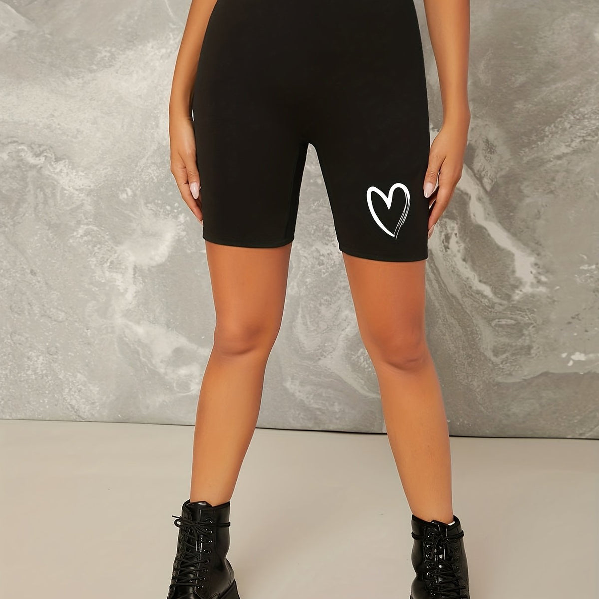 Heart Print High Waist Biker Shorts Women's Clothing