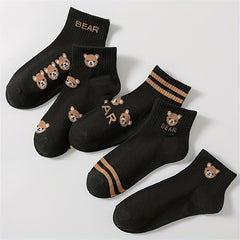 5 Pairs Cartoon Bear Print Socks & Crew Short Socks Women's Stockings
