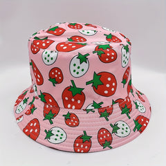 Pink Strawberry Print Bucket Hat Reversible Basin Hat For Women