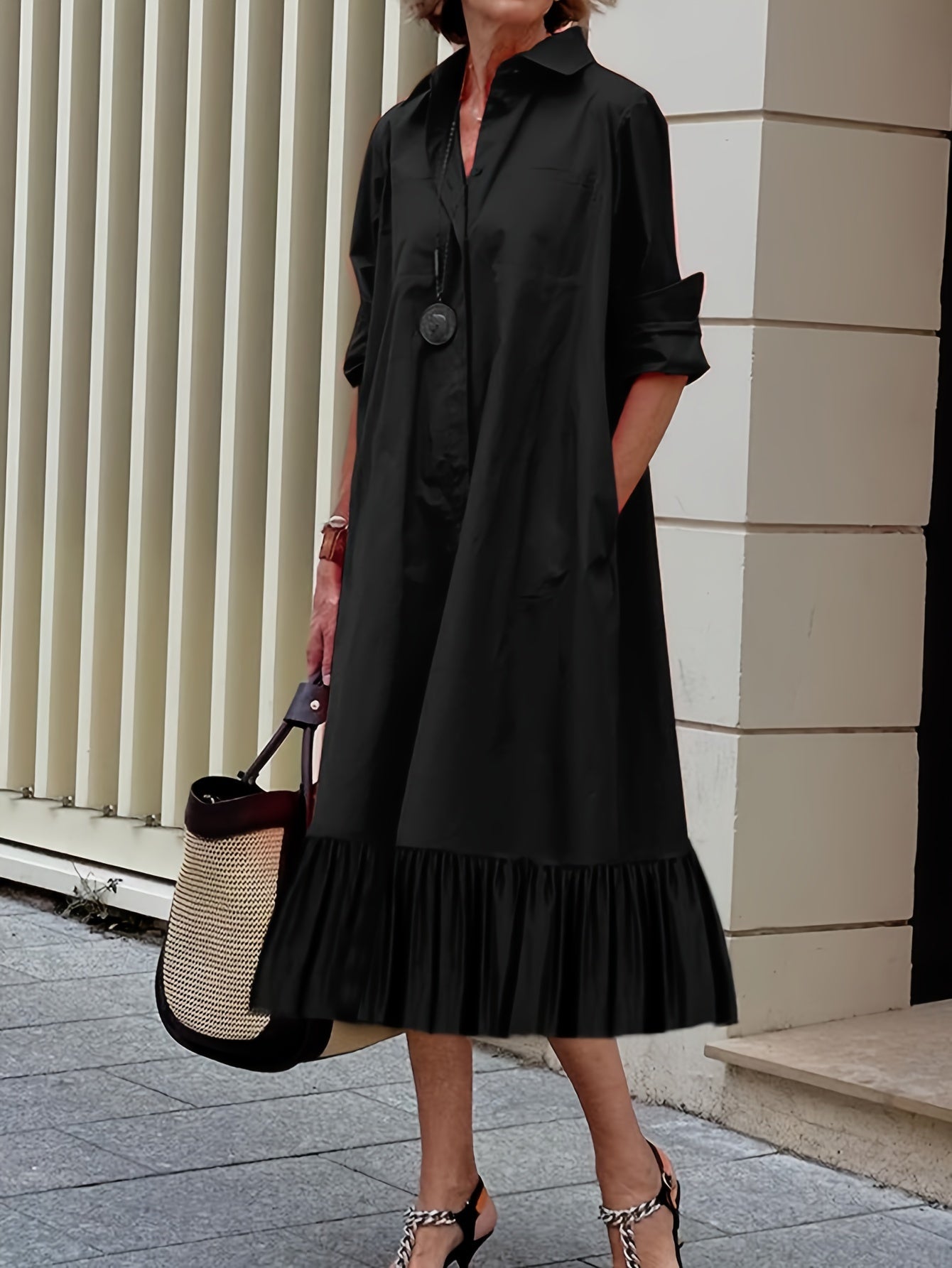  Solid Button Up Long Sleeve Shirt Dress