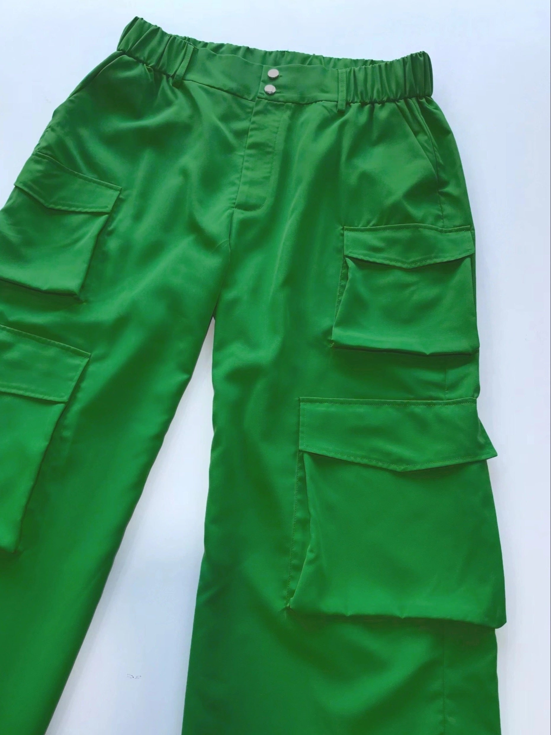  Solid Wide Leg Cargo Pants High Rise Button Fly Trousers
