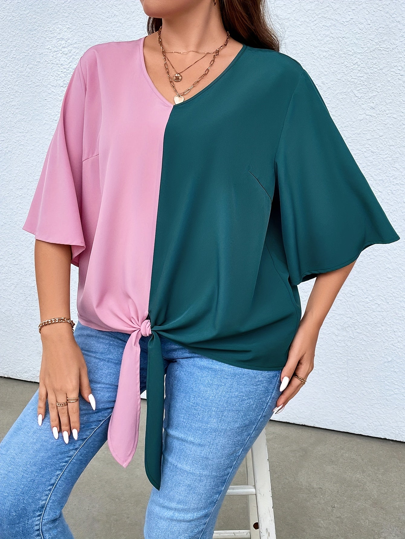  Colorblock V Neck Tunic Top