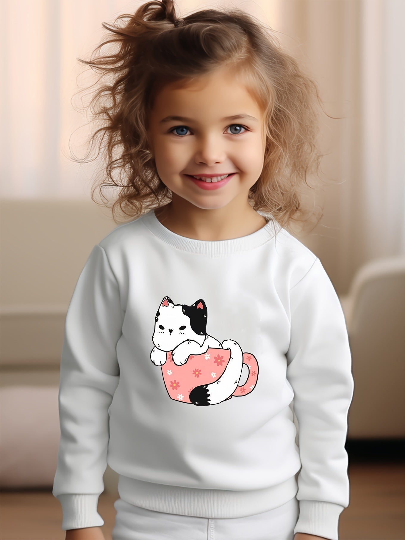 Girls Cat Pattern Crew Neck Sweatshirt Spring Fall Christmas Gift