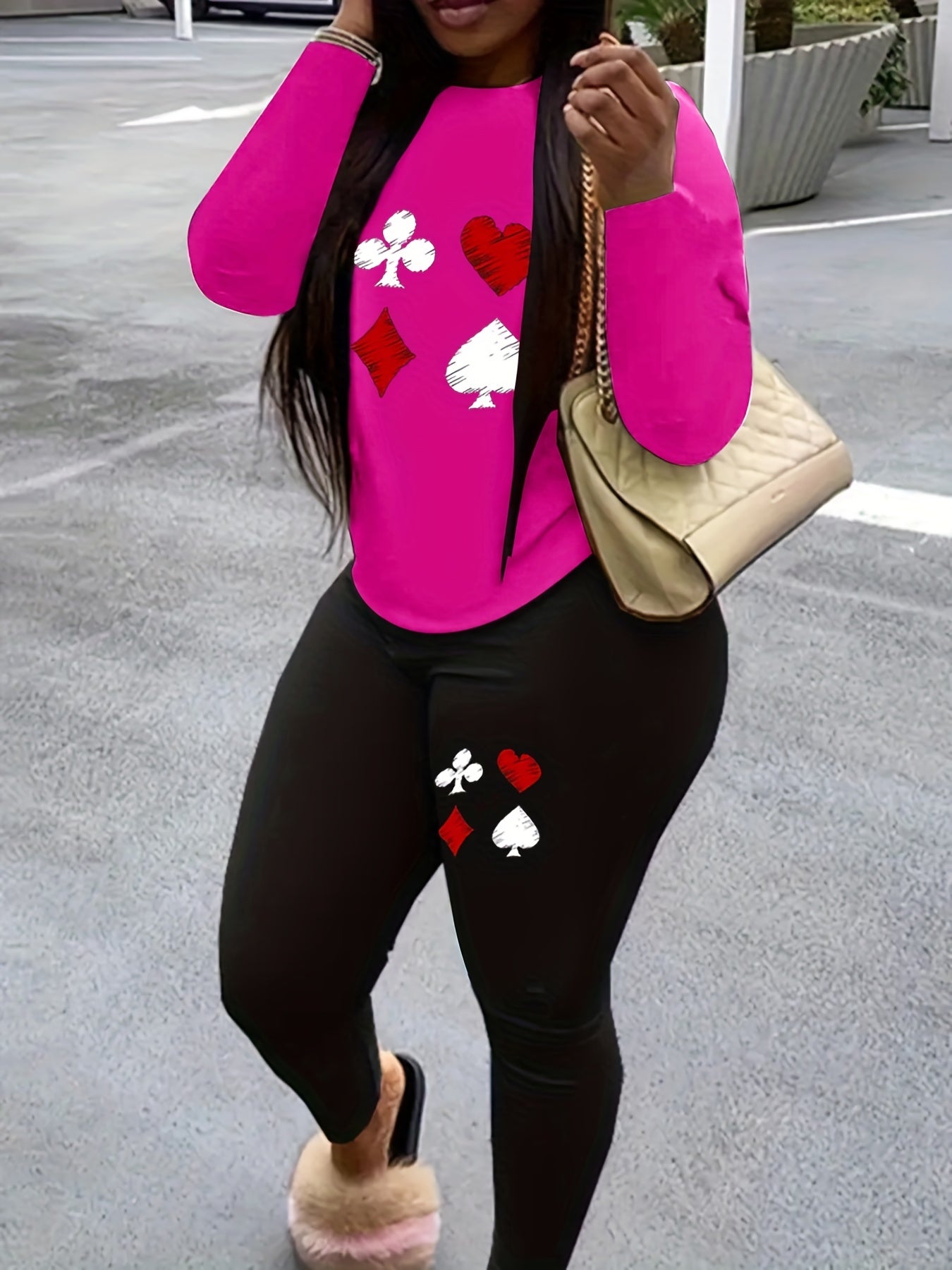 Women's Plus Poker Print Long Sleeve Round Neck Top & Leggings Set
