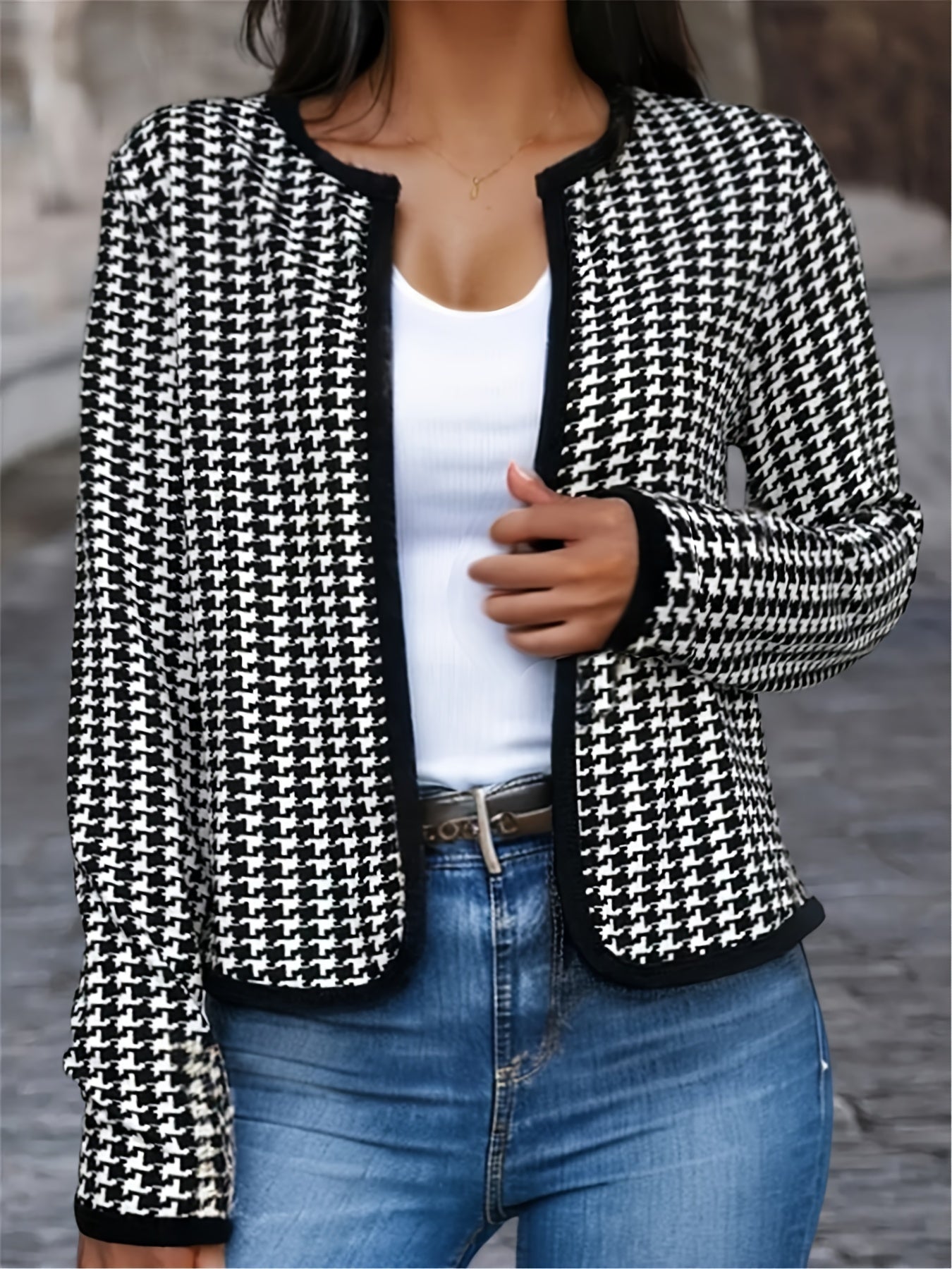 Plaid Print Crew Neck Long Sleeve Crop Jacket