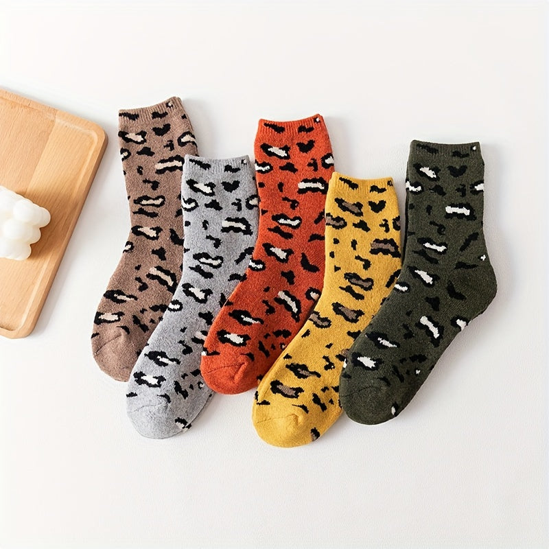 5 Pairs Leopard Print Socks Soft Mid Tube Stockings Women's Hosiery