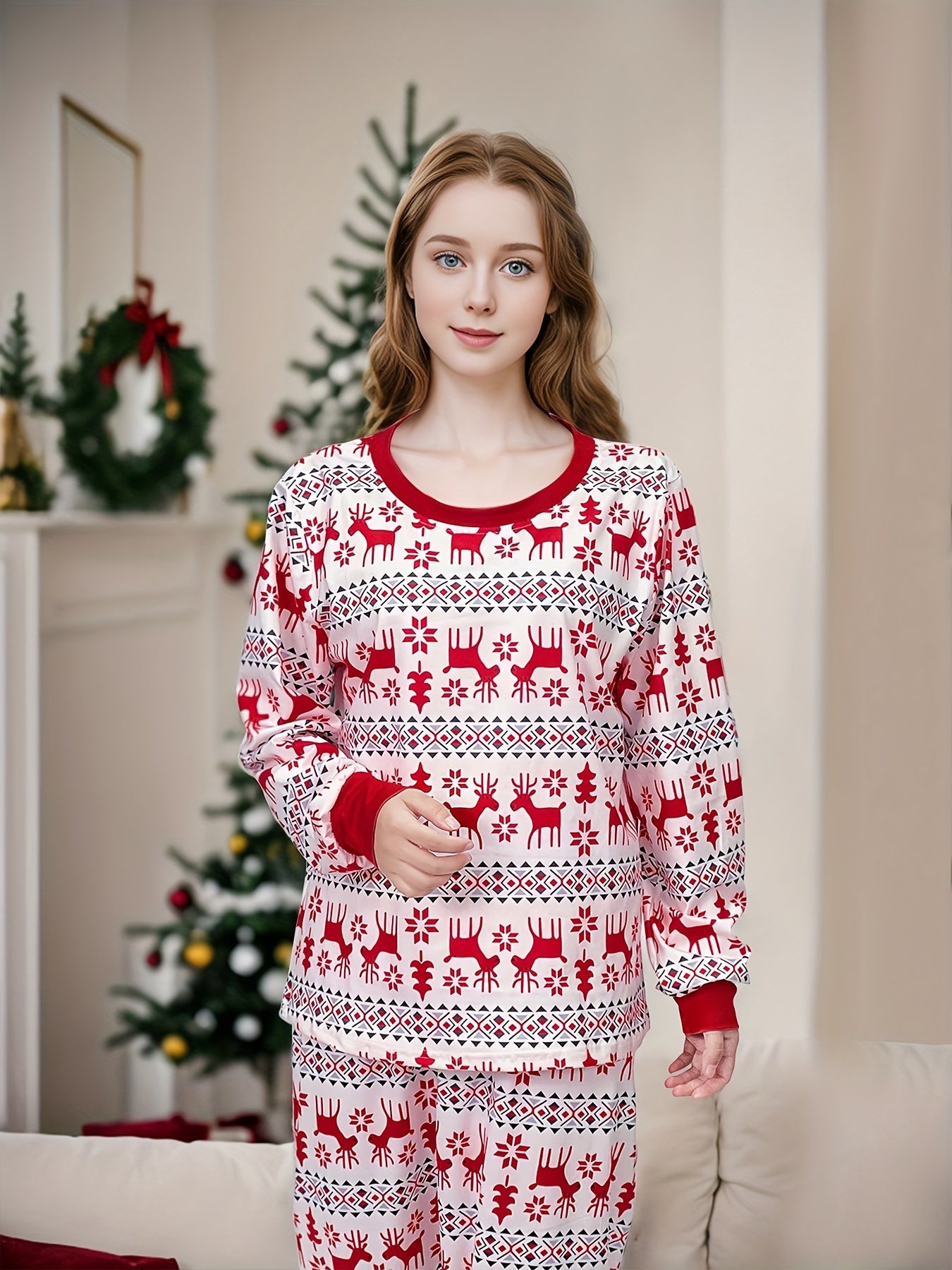 Christmas Elk Print Pajama Set Long Sleeve Top & Pants Women's Sleepwear