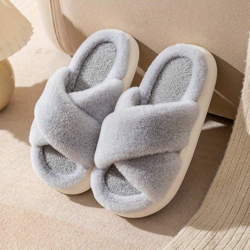 Women's Criss Cross Straps Plush Slippers Warm Indoor Shoes