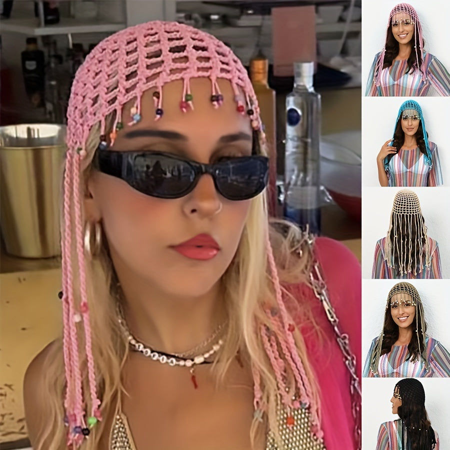 Hollow Woven Crochet Y2K Beanie Cap with Tassel