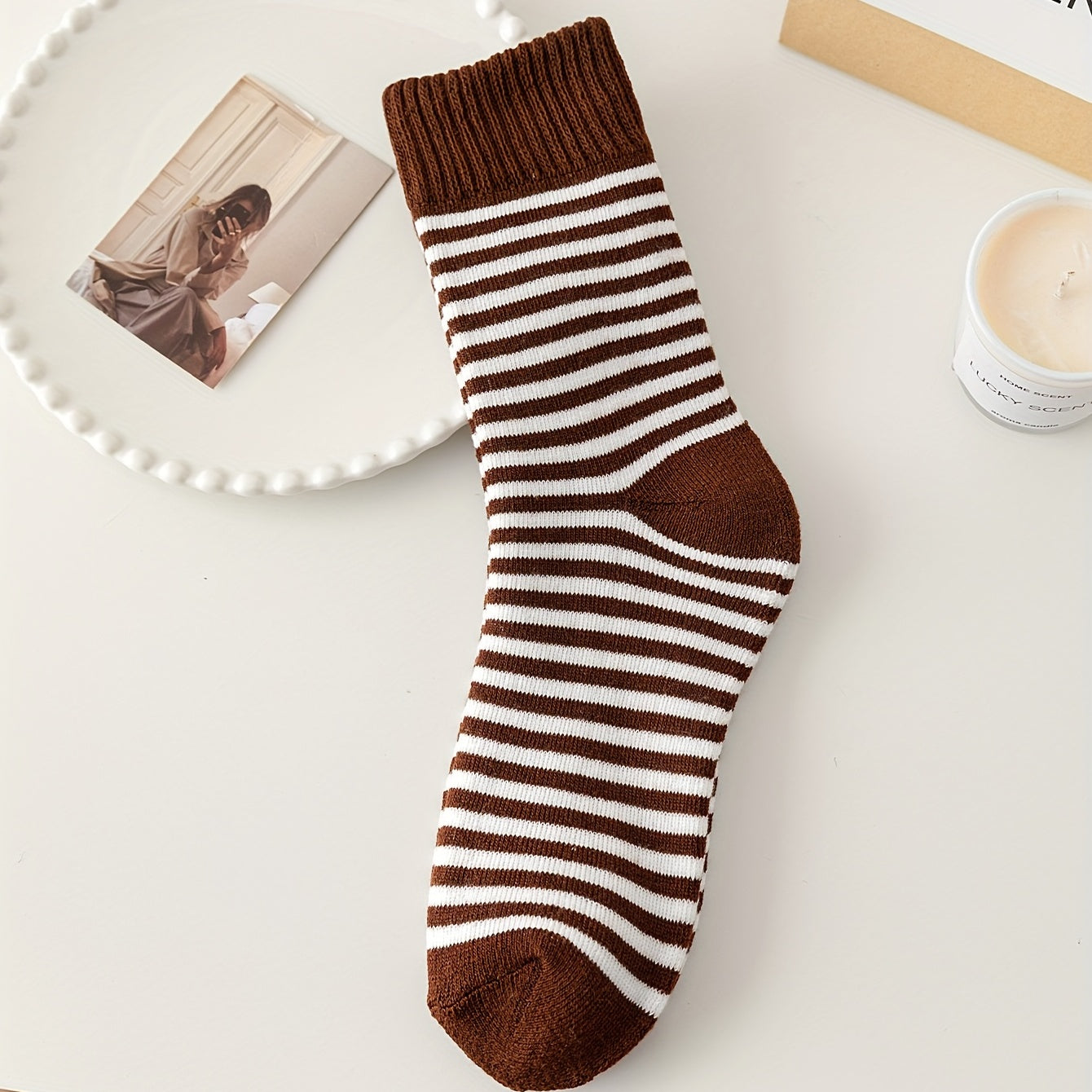 5 Pairs Stripe Print Thickened Socks Comfy Warm Mid Tube Stockings