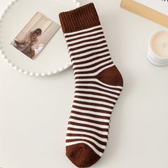 5 Pairs Stripe Print Thickened Socks Comfy Warm Mid Tube Stockings
