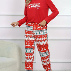  Snowflake & Deer Print Pajama Set Long Sleeve Crew Neck Top & Joggers