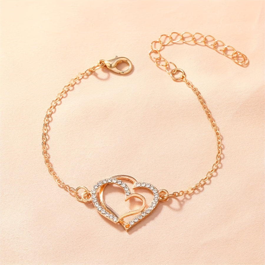Golden Double Heart Ladies Bracelet Zircon Inlay Romantic Hand Jewelry Gift