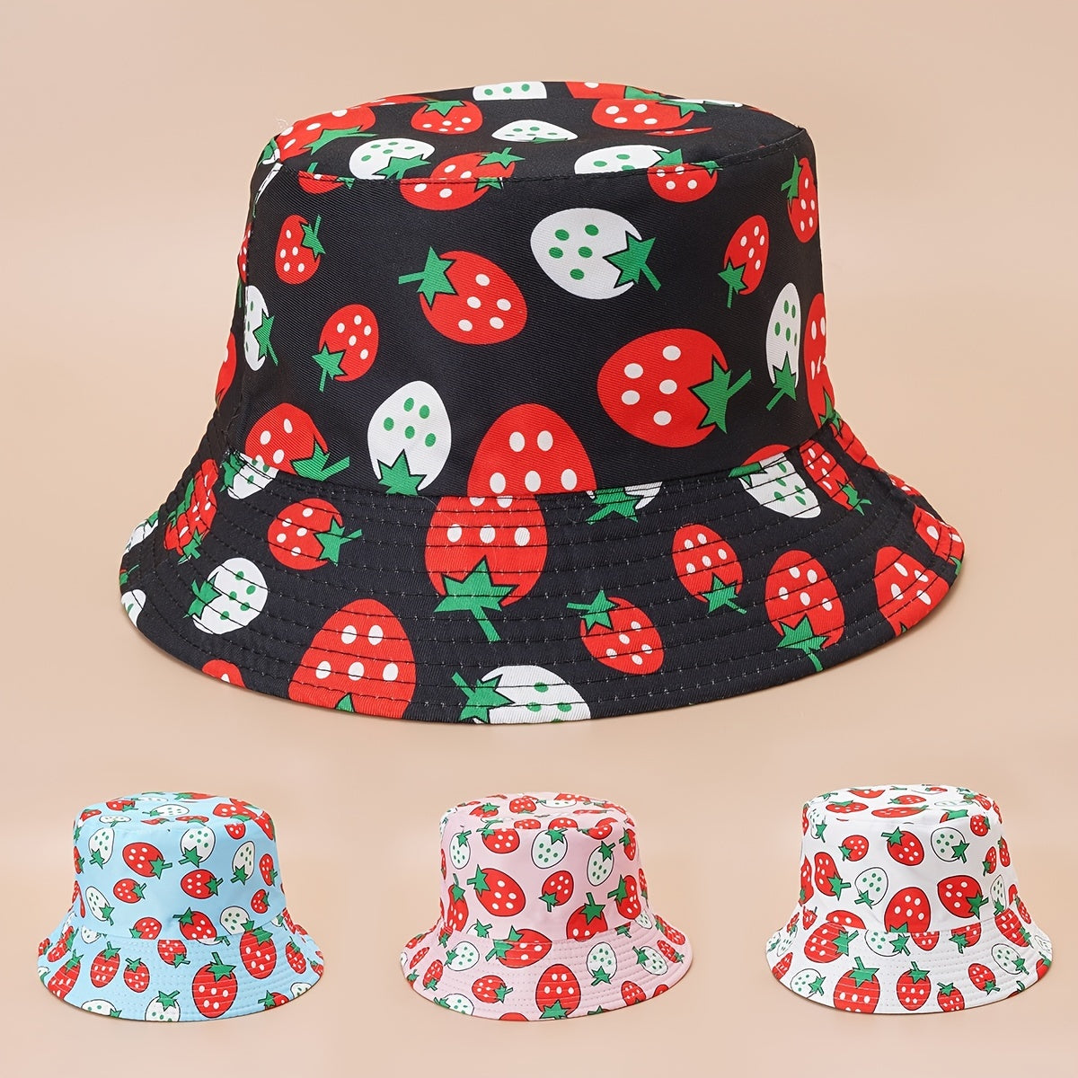 Graffiti Strawberry Print Bucket Hats Sun Hat Reversible Outdoor Party Hats
