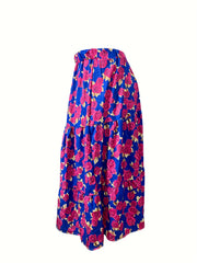  Boho Skirt Women's Plus Allover Rose Print Elastic Waisted Maxi Smock