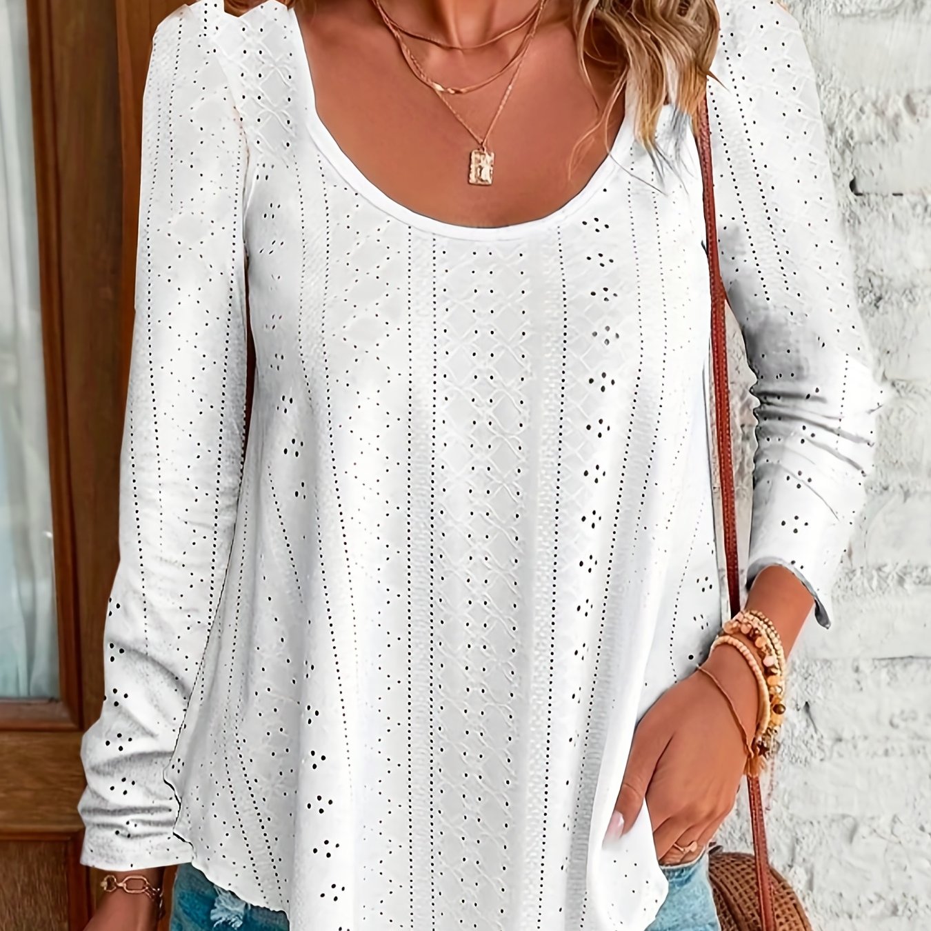  Eyelet Embroidered Long Sleeve Top