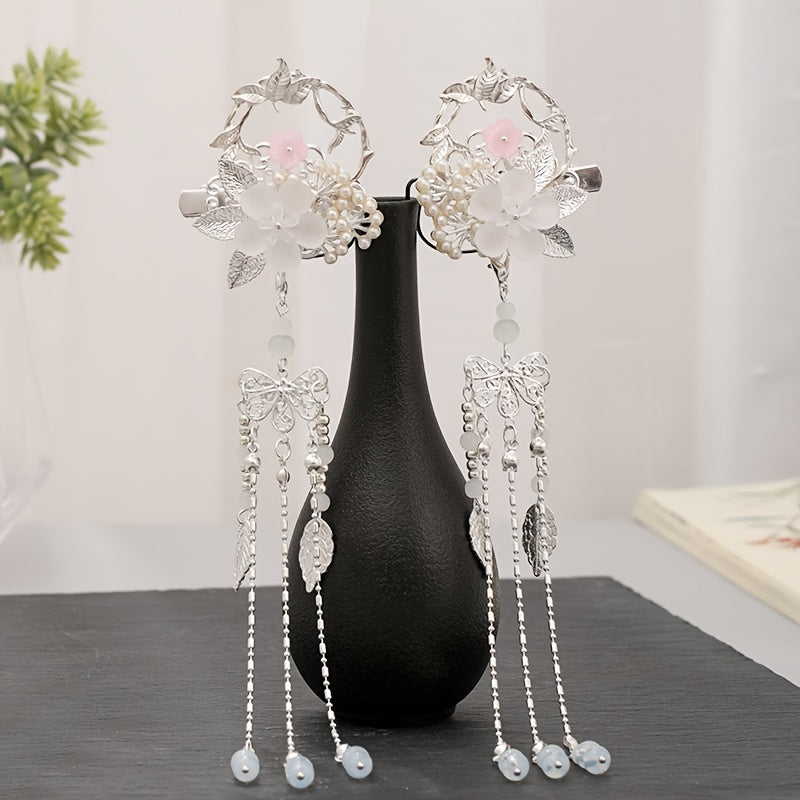 Flower Leaf Pearls Hairpins Tassel Hanfu Dress Hairclip