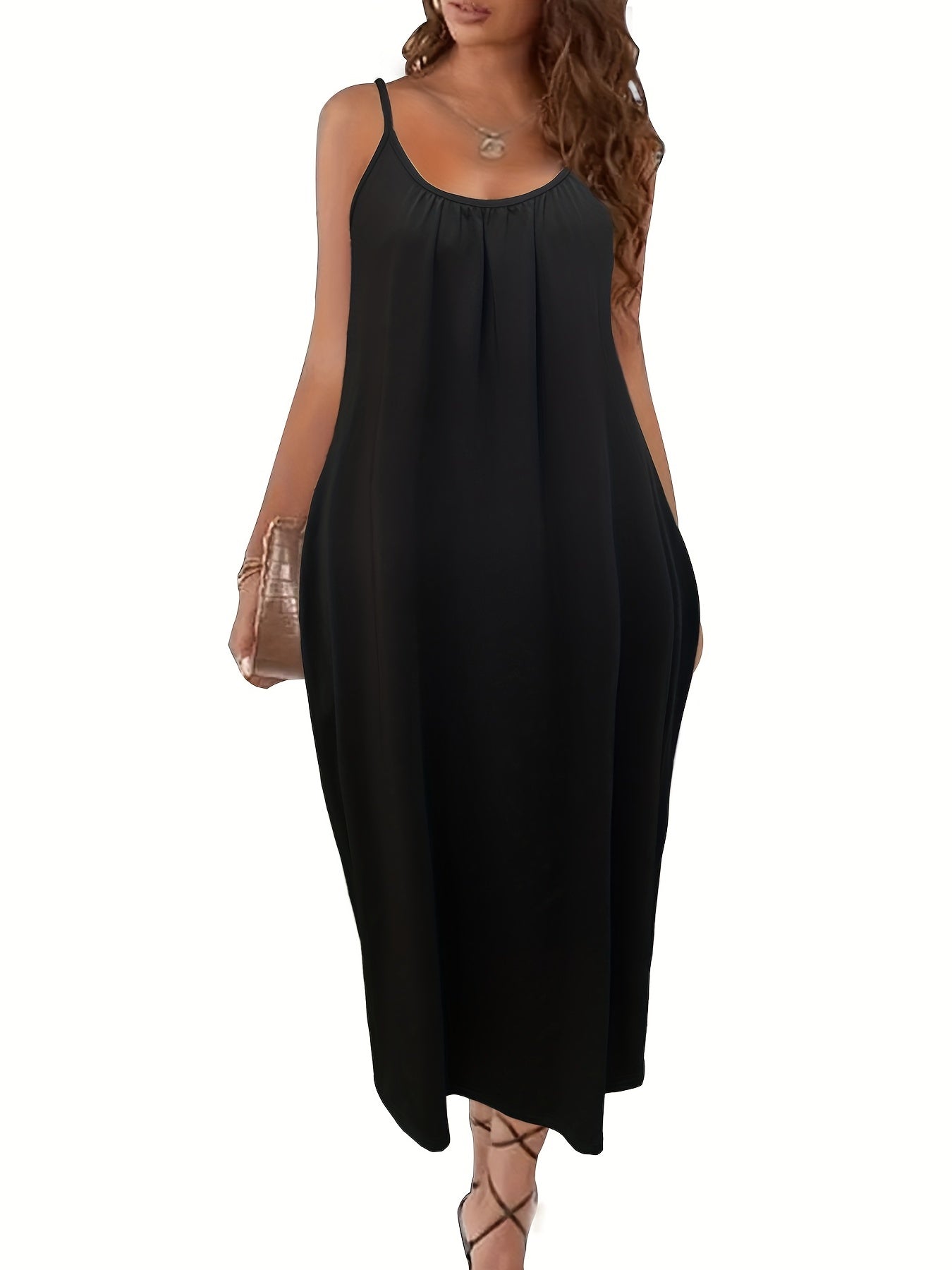  Solid Round Neck Maxi Cami Dress