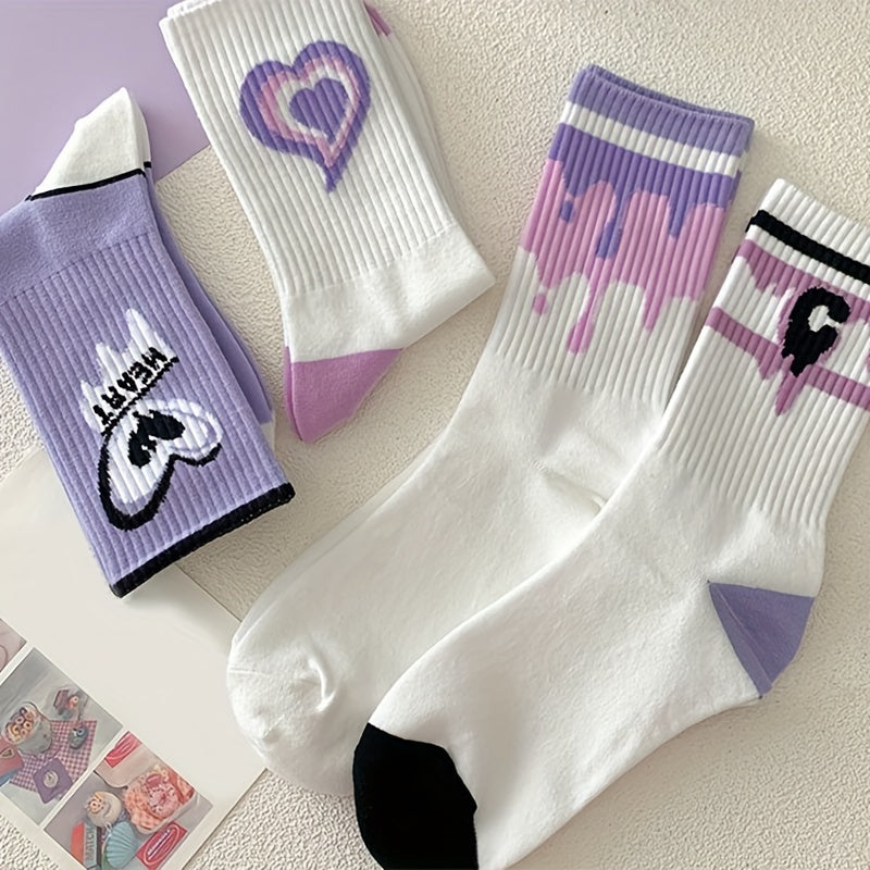 7 Pairs Heart Print Mid Tube Socks Women's Stockings & Hosiery