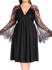  Sexy Dress Women's Plus Solid Contrast Lace Bell Sleeve V Neck Medium