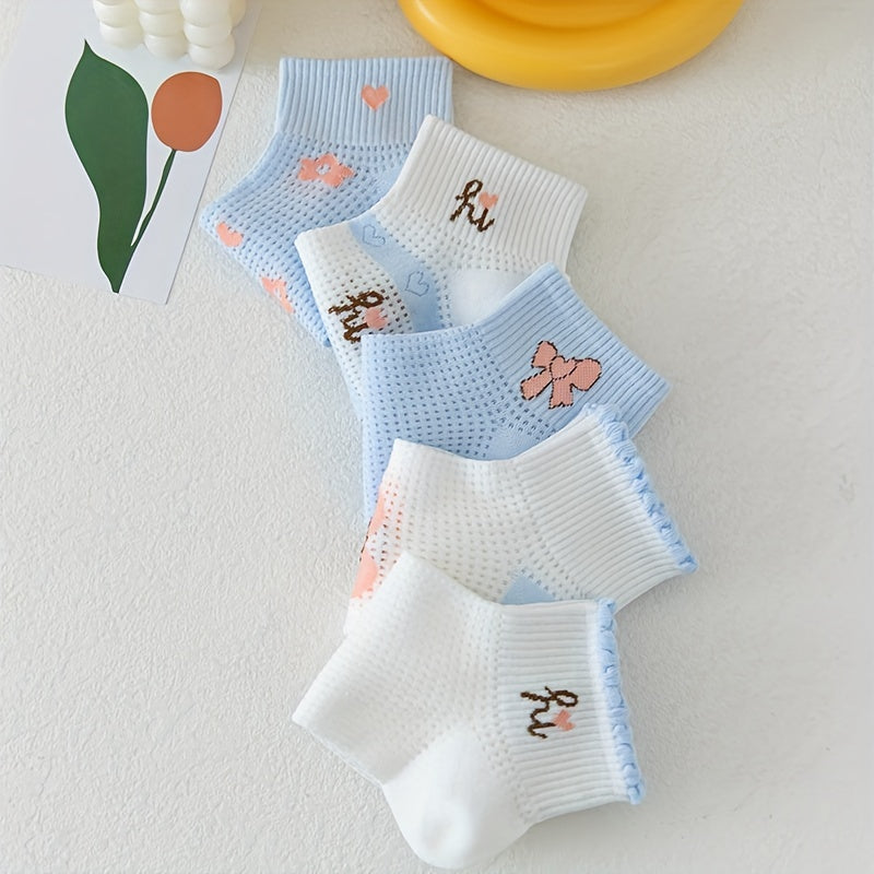 5 Pairs Heart Print Socks Crew Short Stockings for Women