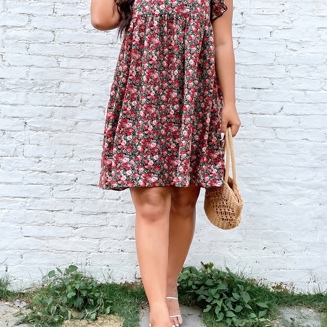  Ditsy Floral Print Butterfly Sleeve Square Neck Mini Dress