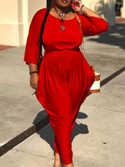 Solid Long Sleeve Top & Loose Fit Pants Set