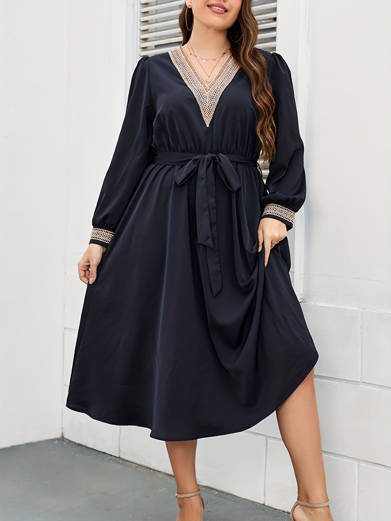 Applique Lantern Sleeve V Neck Belted Maxi Dress Plus Size