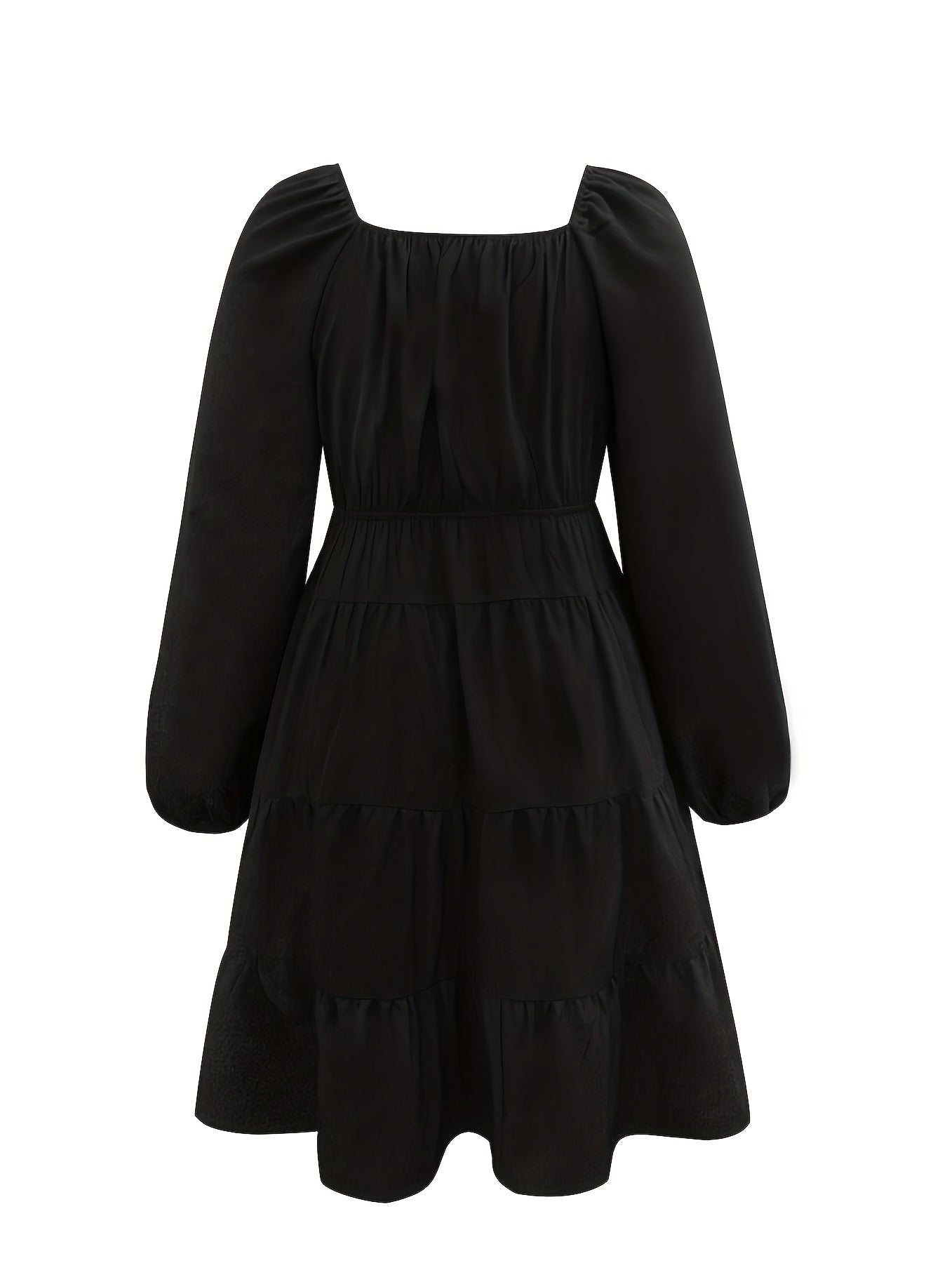  Solid Lantern Sleeve V Neck Ruched Smock Dress