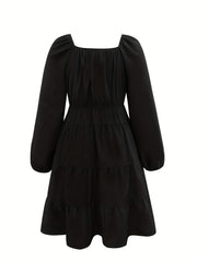  Solid Lantern Sleeve V Neck Ruched Smock Dress