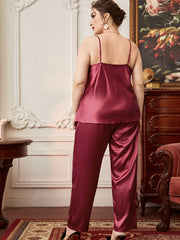  Satin Cami & Pants Pajama Set Women's Plus Solid Loungewear Set