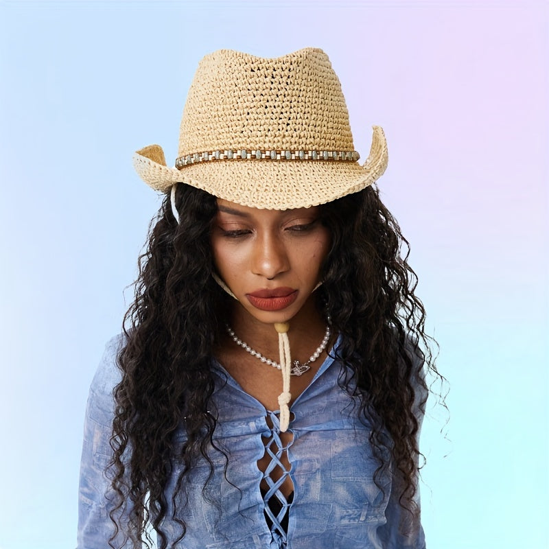 Boho Crochet Sun Hat Beaded Bowknot Hollow Out Straw Cowboy Hat