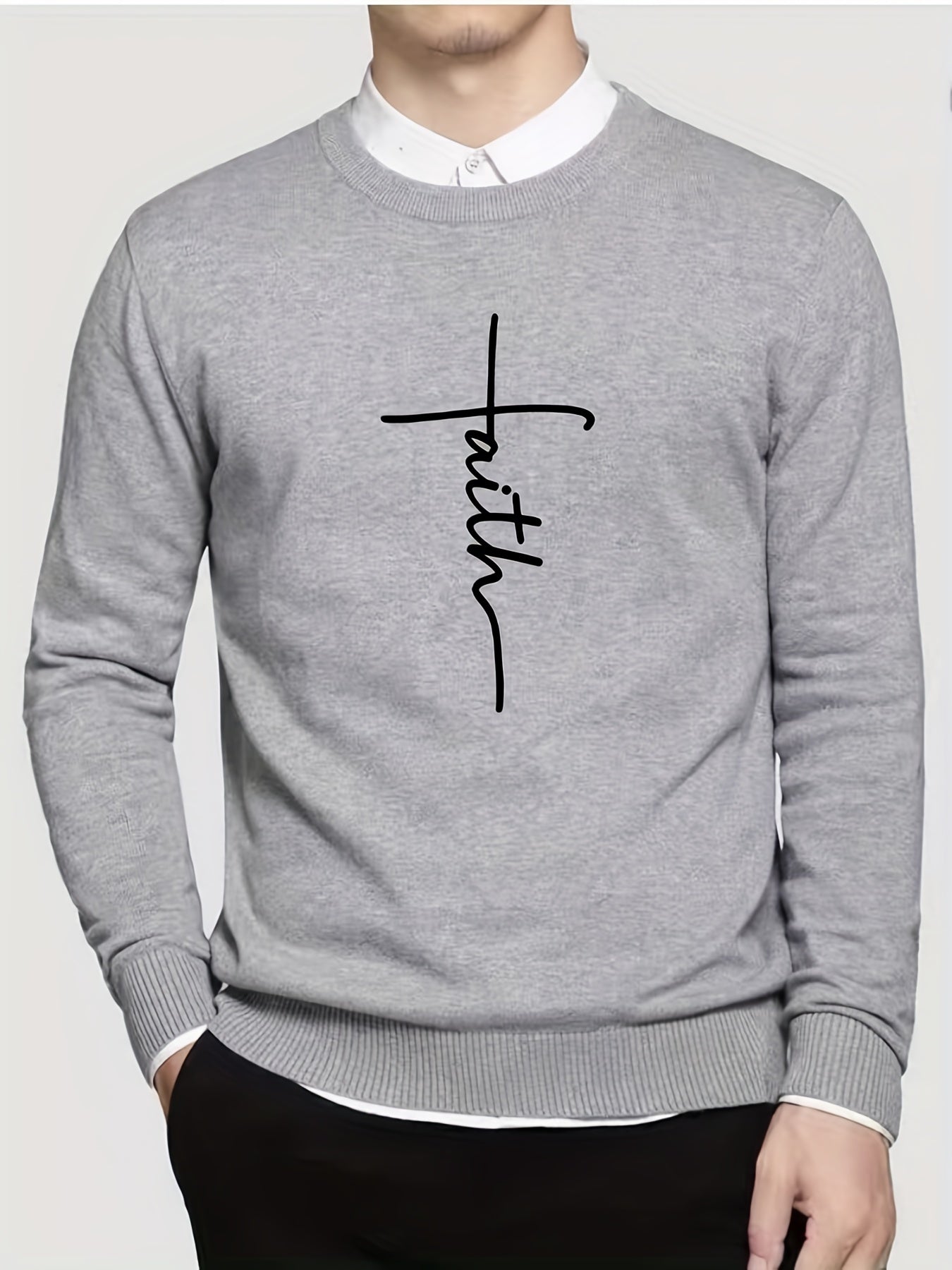 Faith Print Crew Neck Sweater Men's Casual Warm Pullover