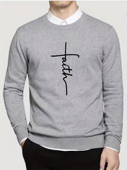 Faith Print Crew Neck Sweater Men's Casual Warm Pullover