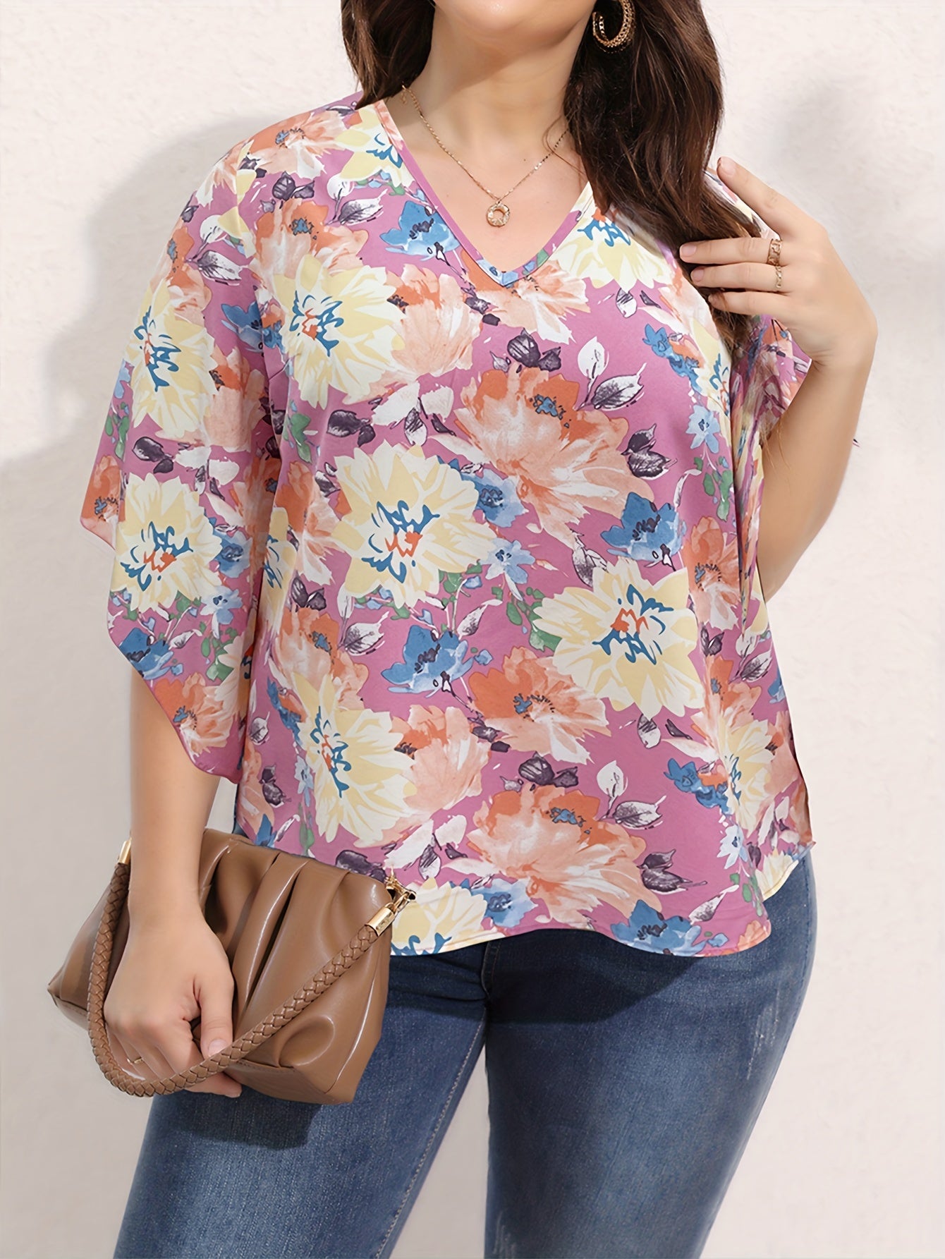  Vacay Blouse Women's Plus Floral Print Bat Sleeve V Neck Summer Top
