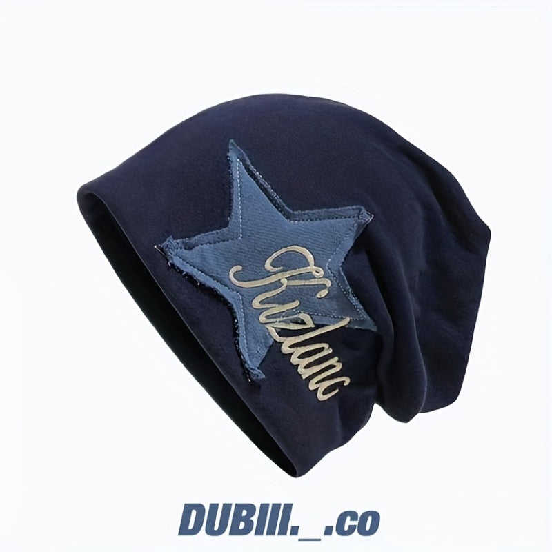 Vintage Star Patch Y2K Beanie Letter Embroidery Solid Skull Cap