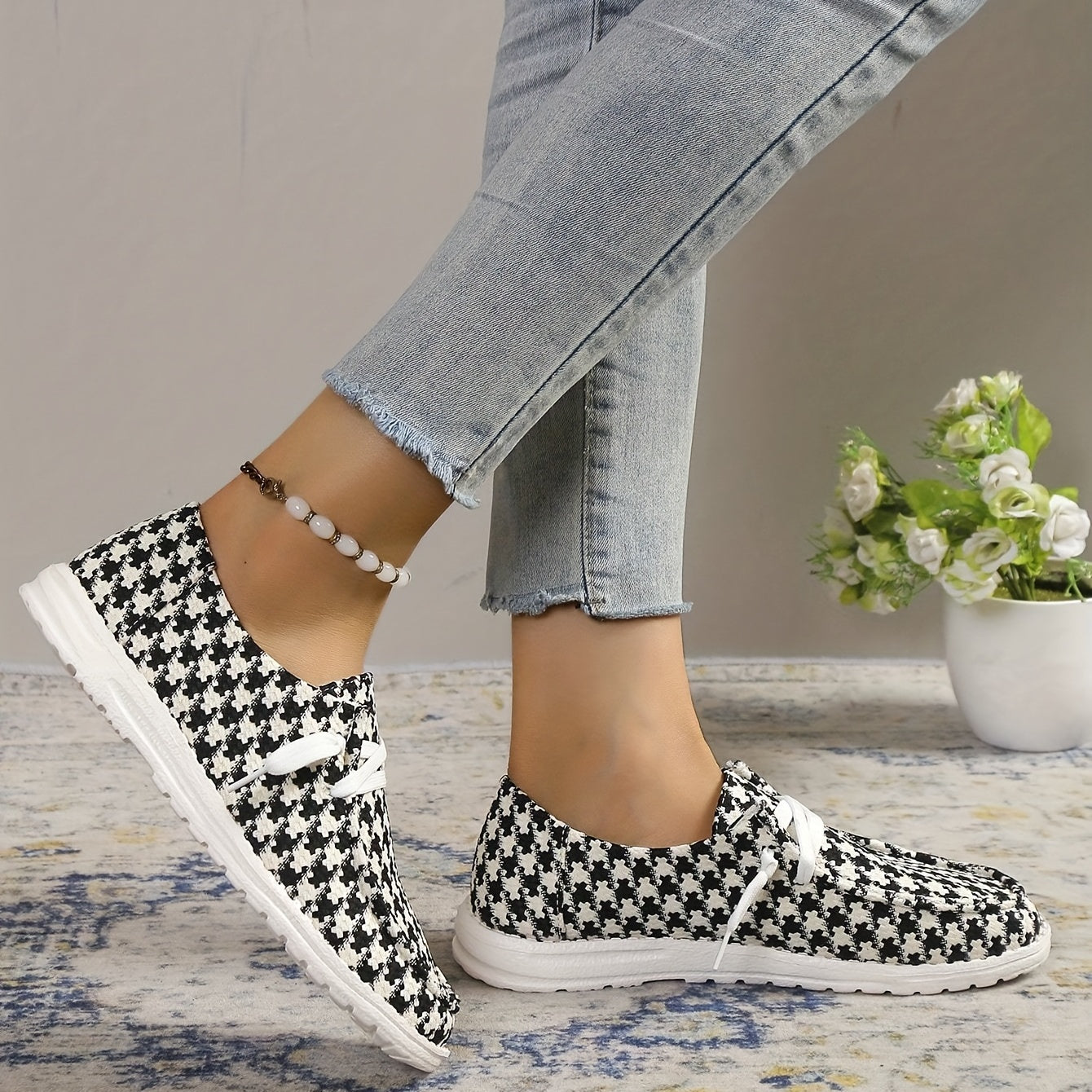 Women's Houndstooth Canvas Shoes Slip On Casual Flat Sneakers